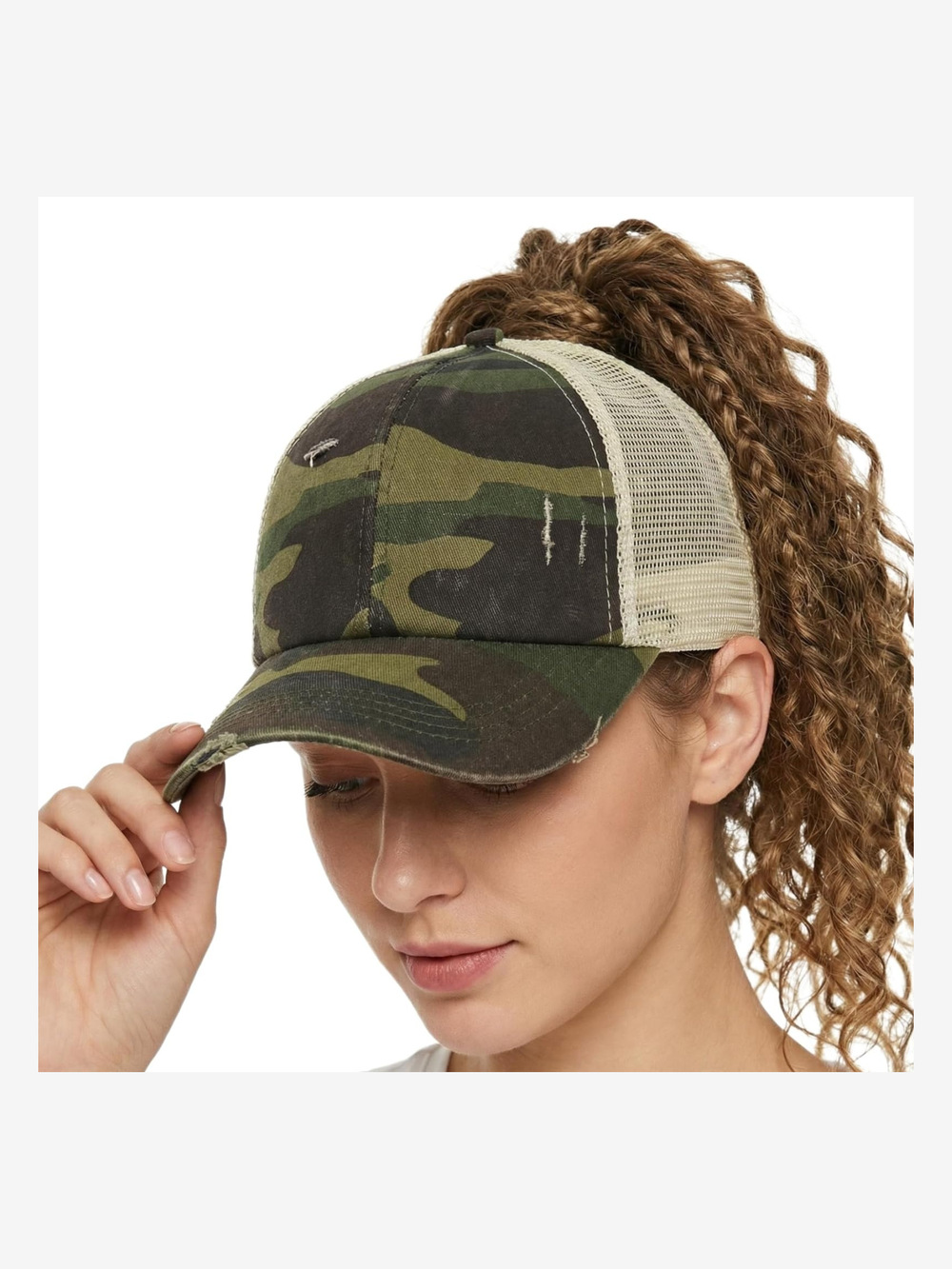 Womens High Ponytail Messy Bun Baseball Caps Distressed | Camo | Size OS
